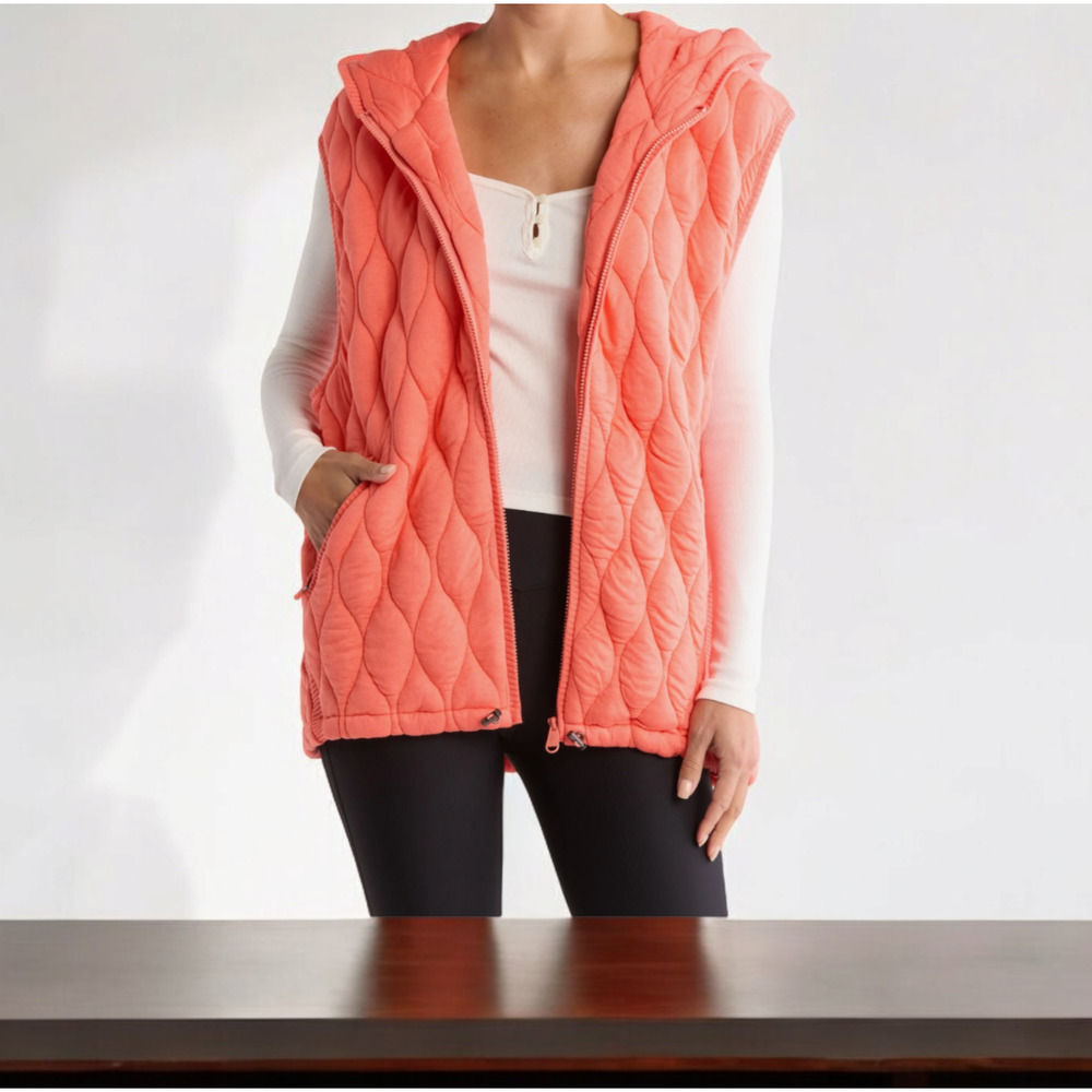Free People FP Movement Dream Big Hooded Quilted Vest Coral Womens Size M Comfy